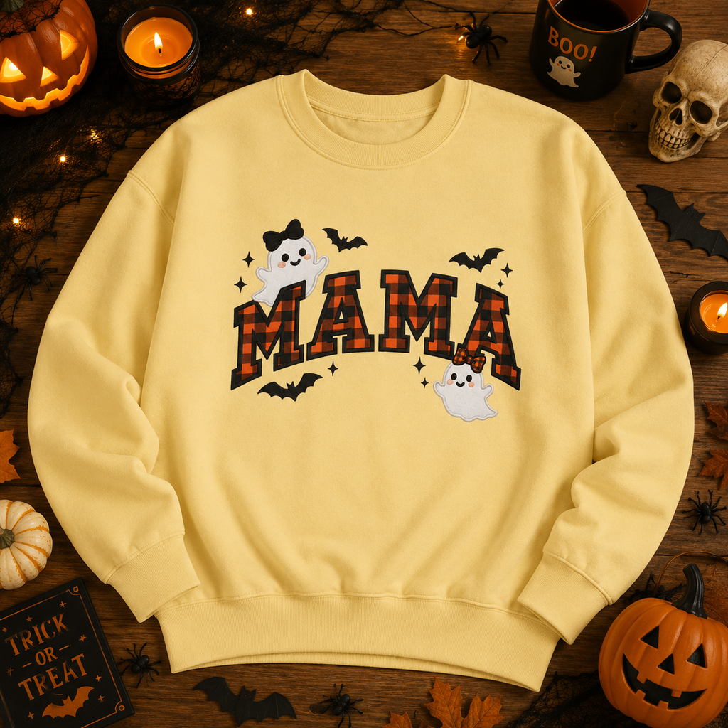 Mama Halloween Crewneck Sweatshirt, Plaid Ghost & Bat Pullover