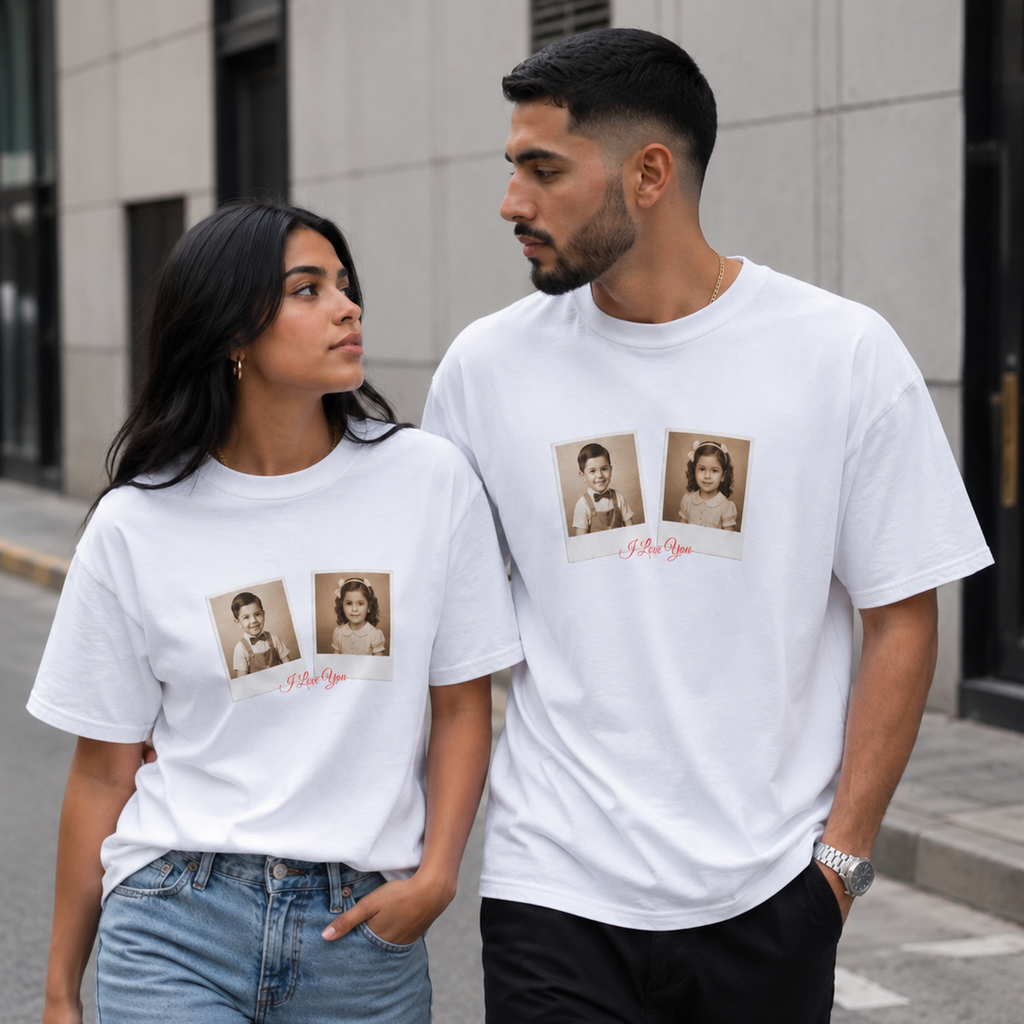 Custom Couple Photo Shirt | Personalized Polaroid Style Tee with Photos and Custom Text, Gift for Her and Him