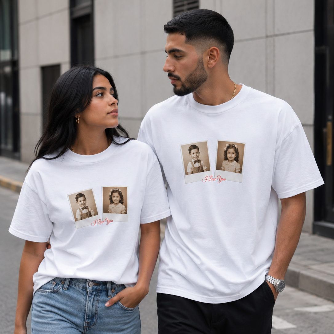 Custom Couple Photo Shirt | Personalized Polaroid Style Tee with Photos and Custom Text, Gift for Her and Him