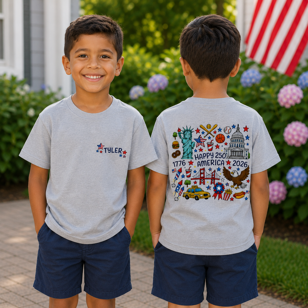 Custom Name 4th of July Toddler Shirt | Personalized USA Icons Tee for Boys and Girls, Sizes 2T–6T