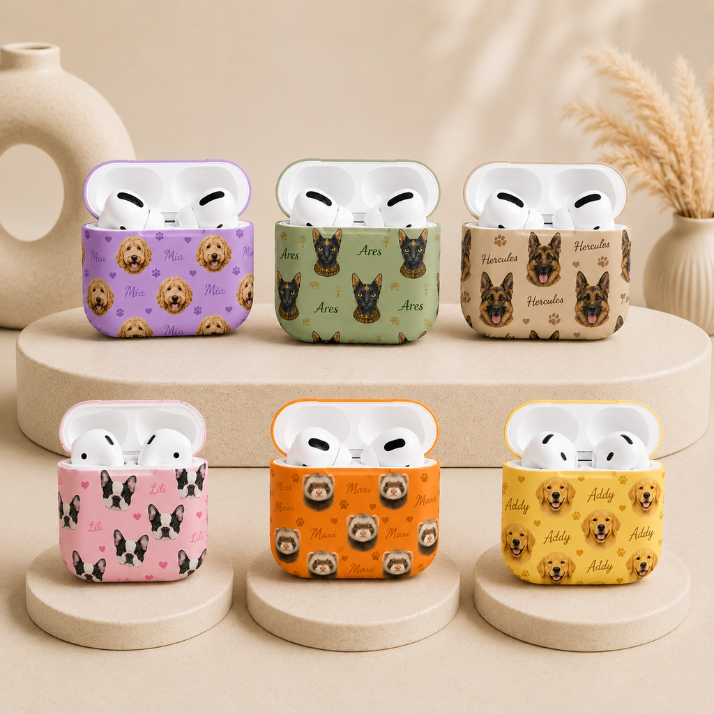 Six colorful AirPod cases with dog patterns on a beige surface