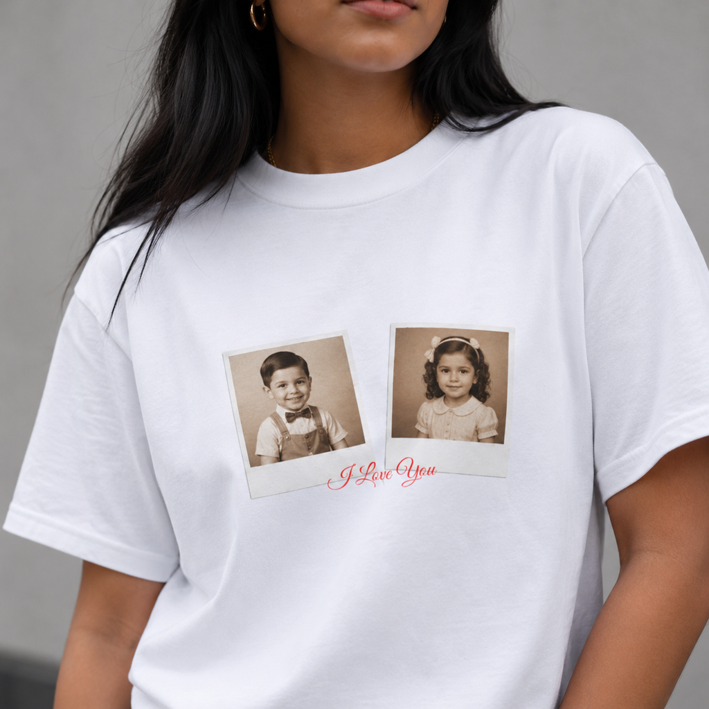 Custom Couple Photo Shirt | Personalized Polaroid Style Tee with Photos and Custom Text, Gift for Her and Him