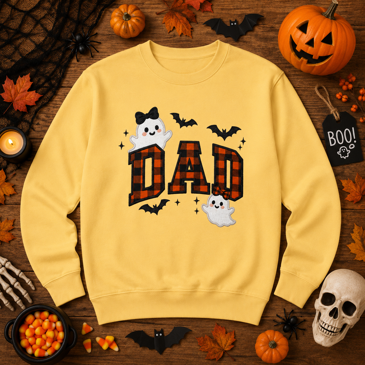 Halloween Plaid Dad Sweatshirt, Ghost & Bat Pullover Gift