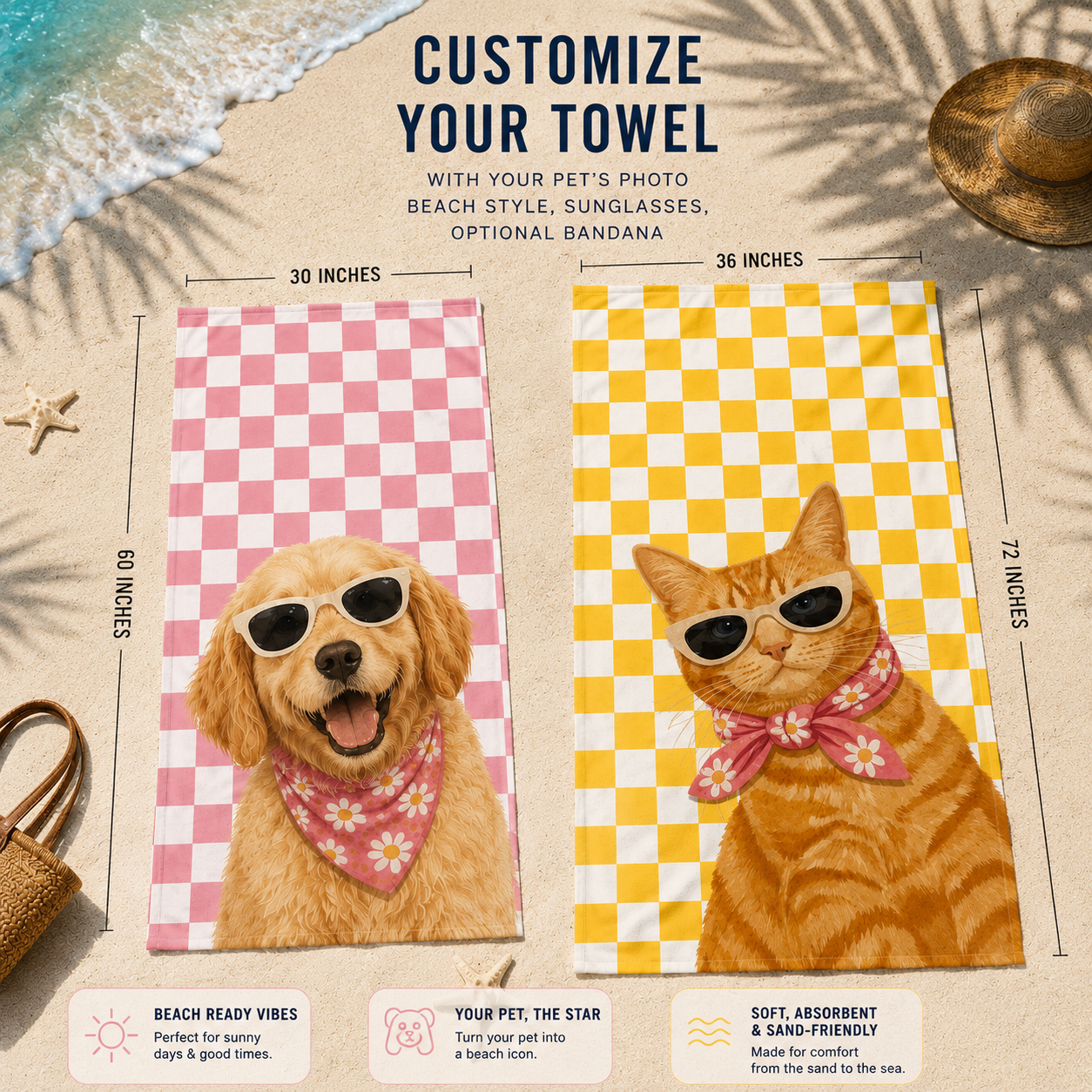 Custom Pet Beach Towel | Personalized Dog Cat  Illustration Checkered Towel | Pet Lover Gift