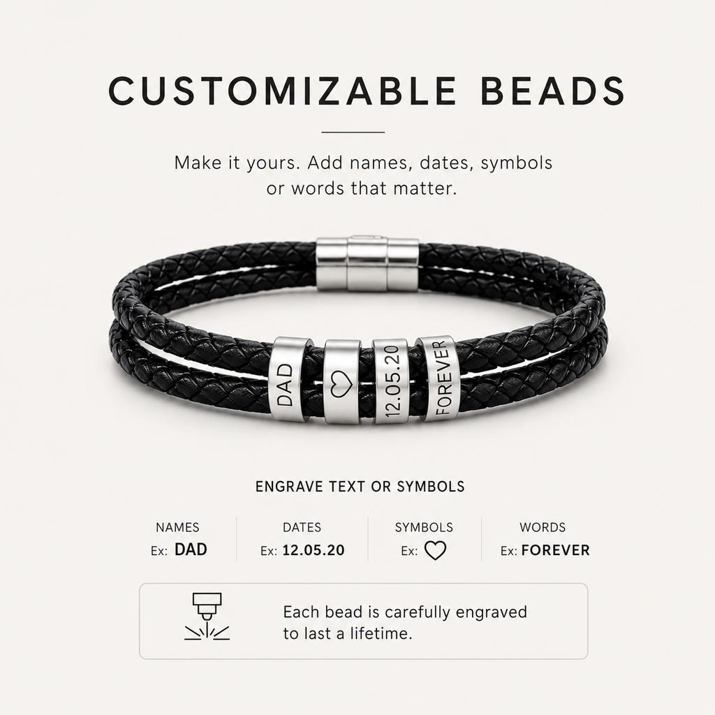 Custom Dad Bracelet with Engraved Beads | Personalized Leather Bracelet for Him