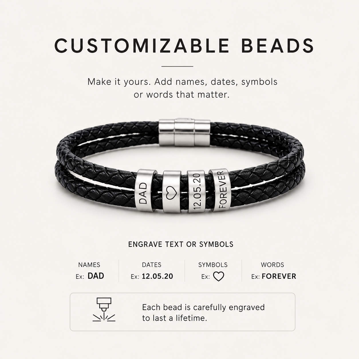 Custom Dad Bracelet with Engraved Beads | Personalized Leather Bracelet for Him
