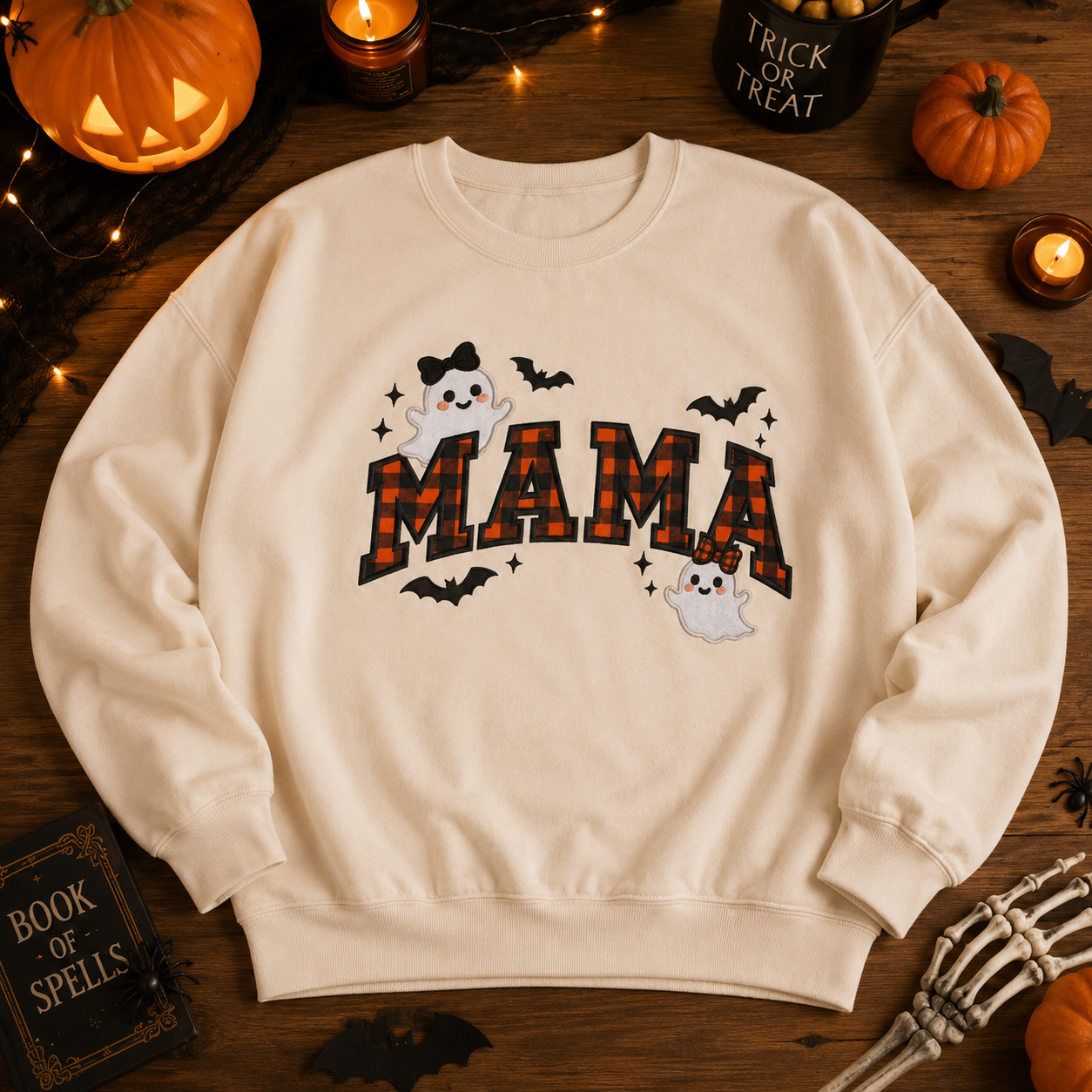 Mama Halloween Crewneck Sweatshirt, Plaid Ghost & Bat Pullover