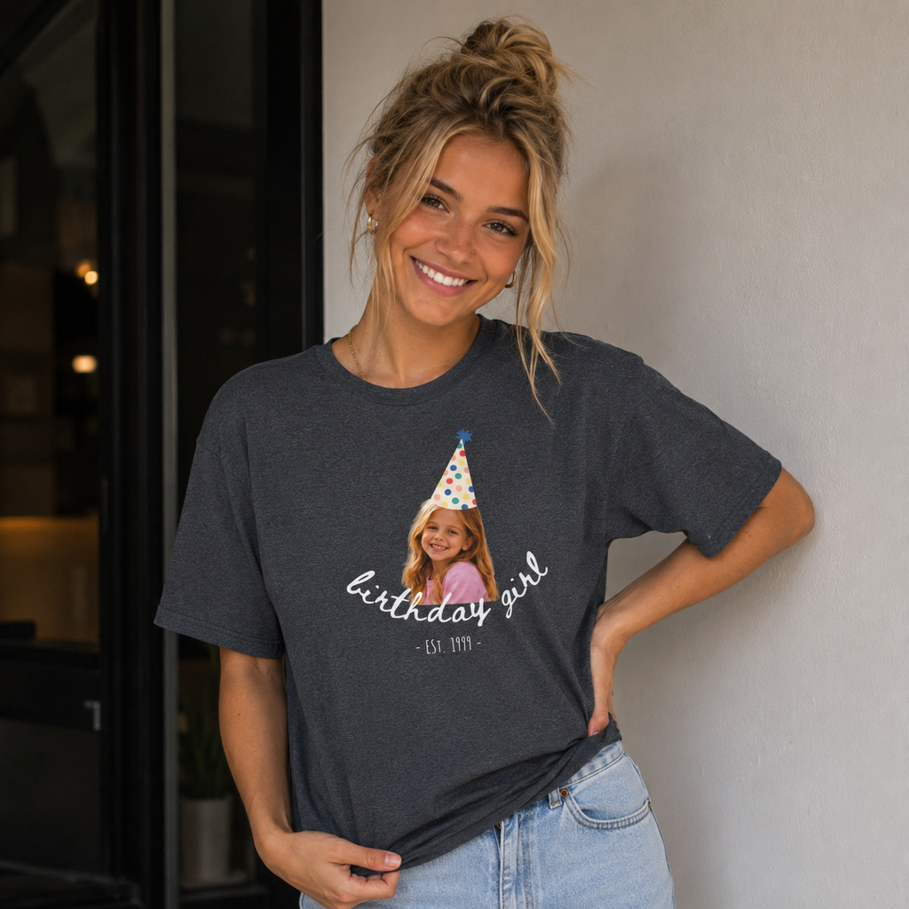 Custom Birthday Girl Shirt | Personalized Photo Tee and Est. year with Party Hat, Funny Birthday Gift for Women