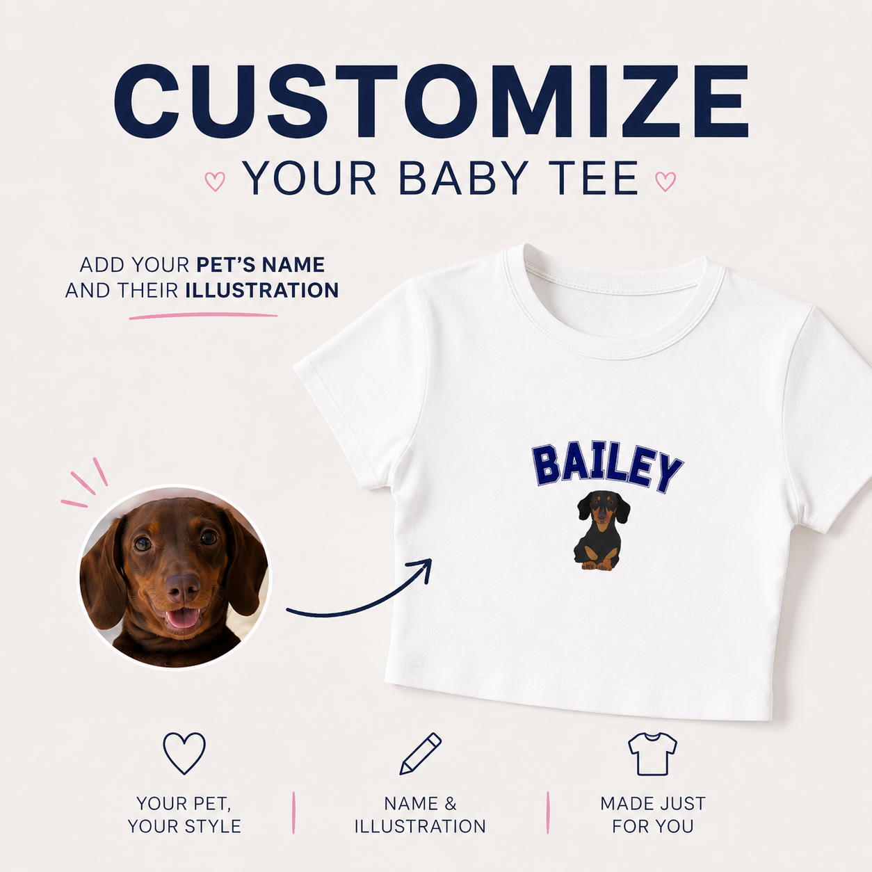 White baby t-shirt with 'BAILEY' printed on it, featuring a dog illustration and text for customization.