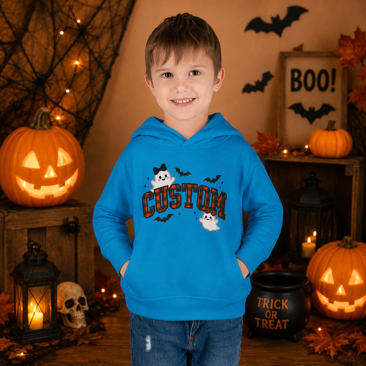 Personalized Halloween Toddler Hoodie, Custom Name Ghost & Bat Pullover