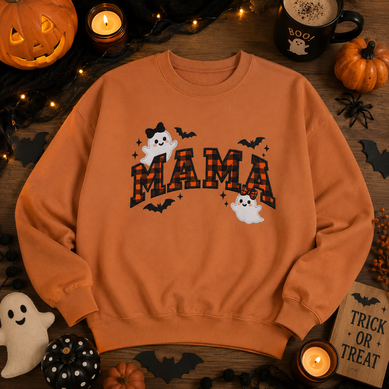 Mama Halloween Crewneck Sweatshirt, Plaid Ghost & Bat Pullover