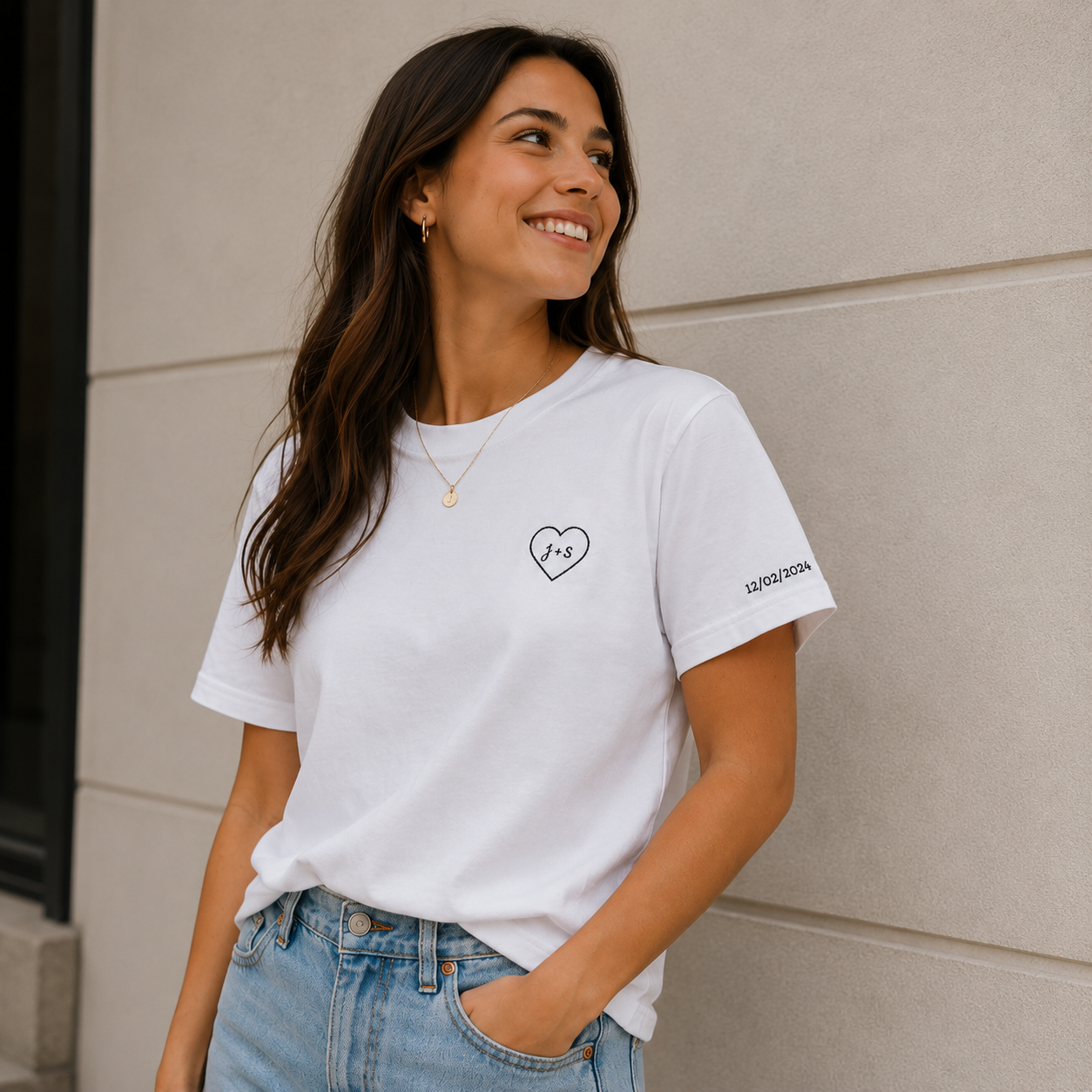 Custom Embroidered Heart T-Shirt — Personalized Text and Sleeve | Gift for Her | Gift for Him | Couple Gift Shirt