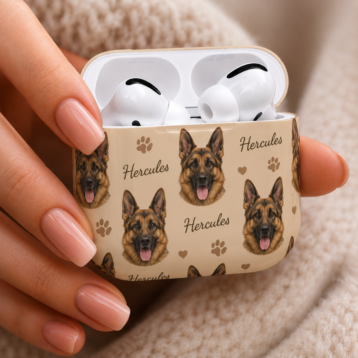 AirPods case with German Shepherd design held by a hand