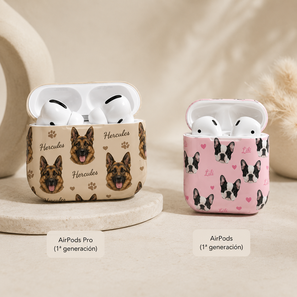 Two AirPod cases with dog and cat designs on a neutral background