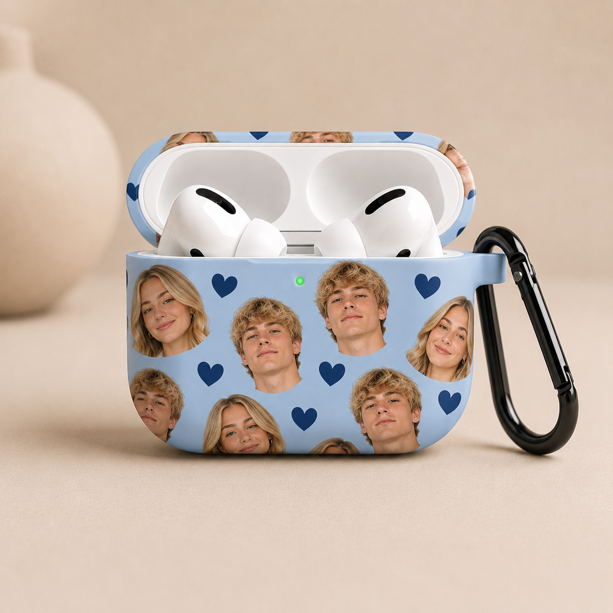 AirPods case with personalized design on a beige background