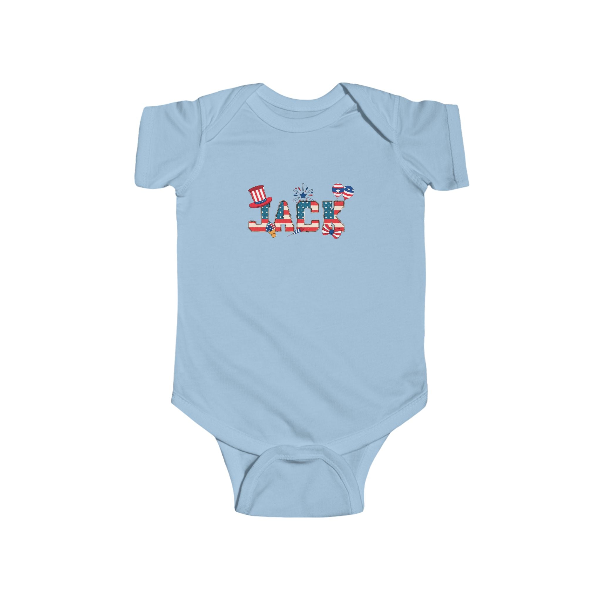 Light blue baby onesie with 'Jack' printed on it against a white background