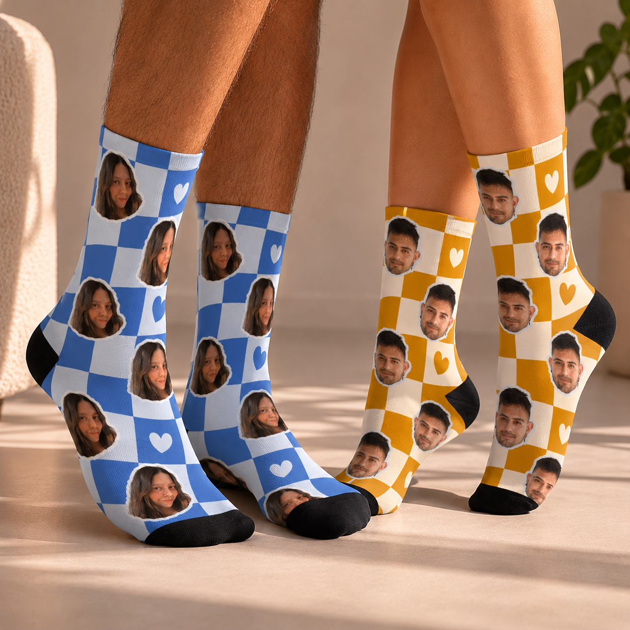 Custom socks with printed faces on a neutral background