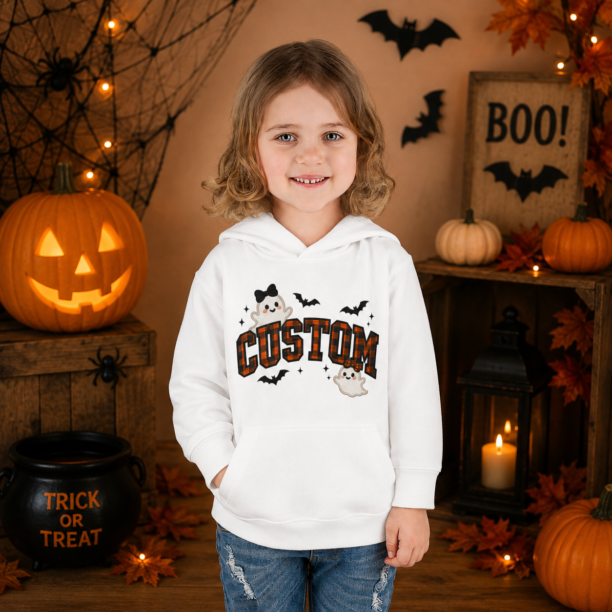Personalized Halloween Toddler Hoodie, Custom Name Ghost & Bat Pullover