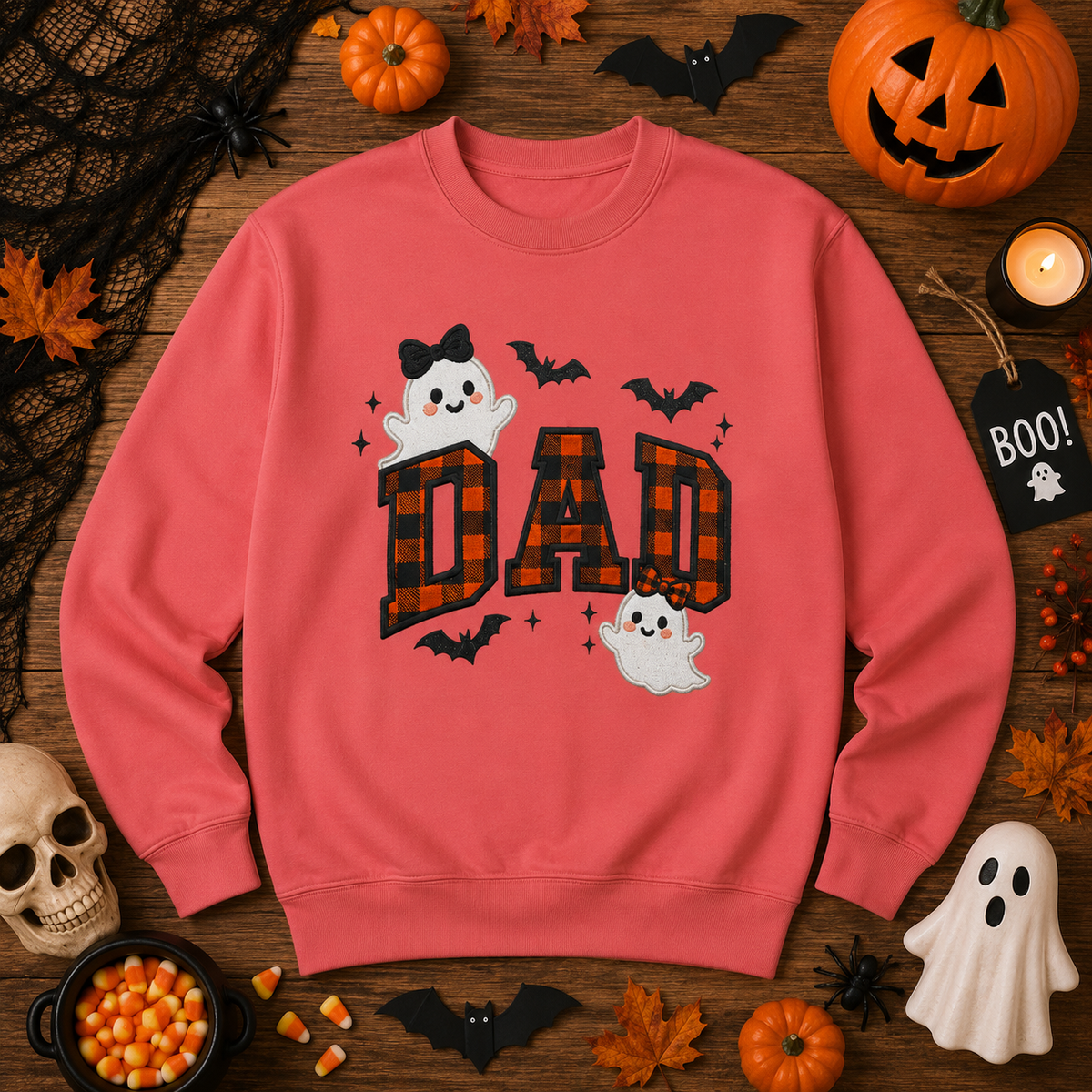 Halloween Plaid Dad Sweatshirt, Ghost & Bat Pullover Gift