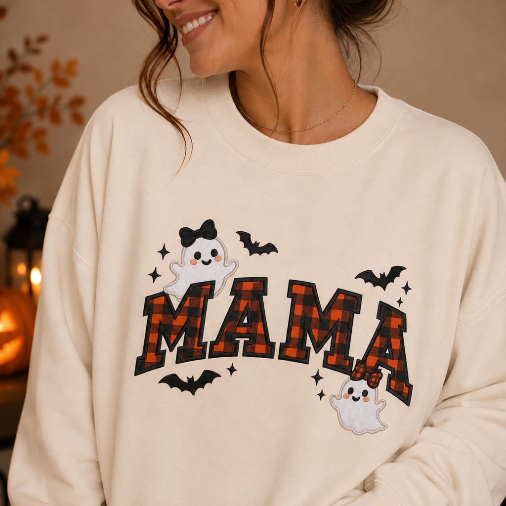 Mama Halloween Crewneck Sweatshirt, Plaid Ghost & Bat Pullover