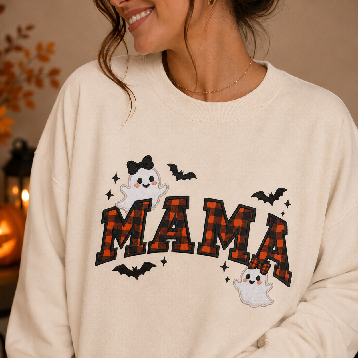 Mama Halloween Crewneck Sweatshirt, Plaid Ghost & Bat Pullover