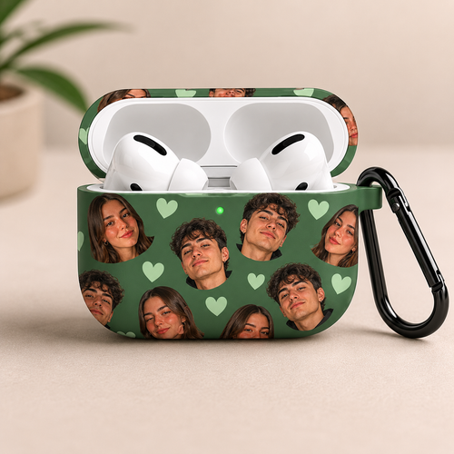 Green AirPods case with multiple faces and hearts on a beige background