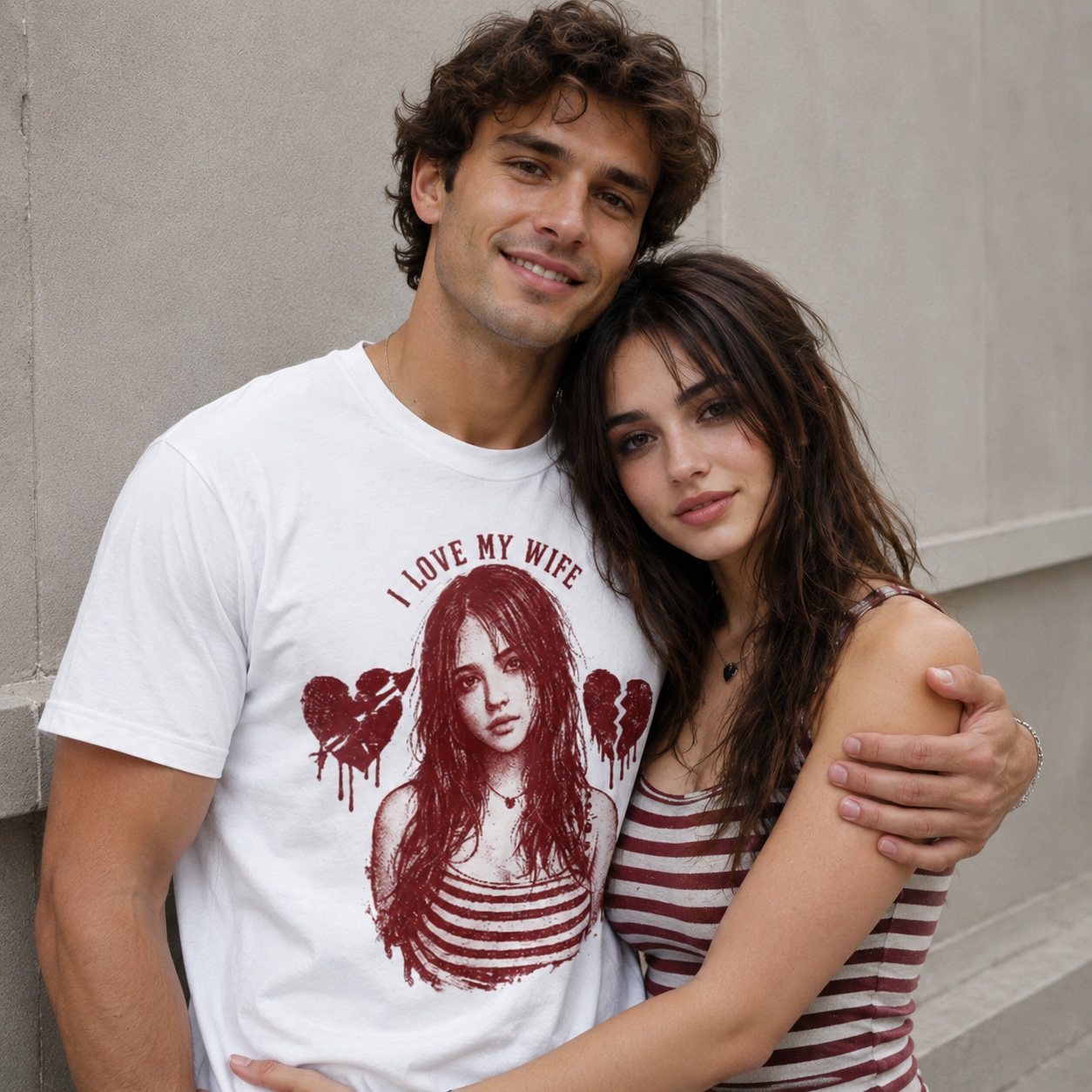 Man wearing a white t-shirt with a graphic design of a woman and text, standing next to a woman.