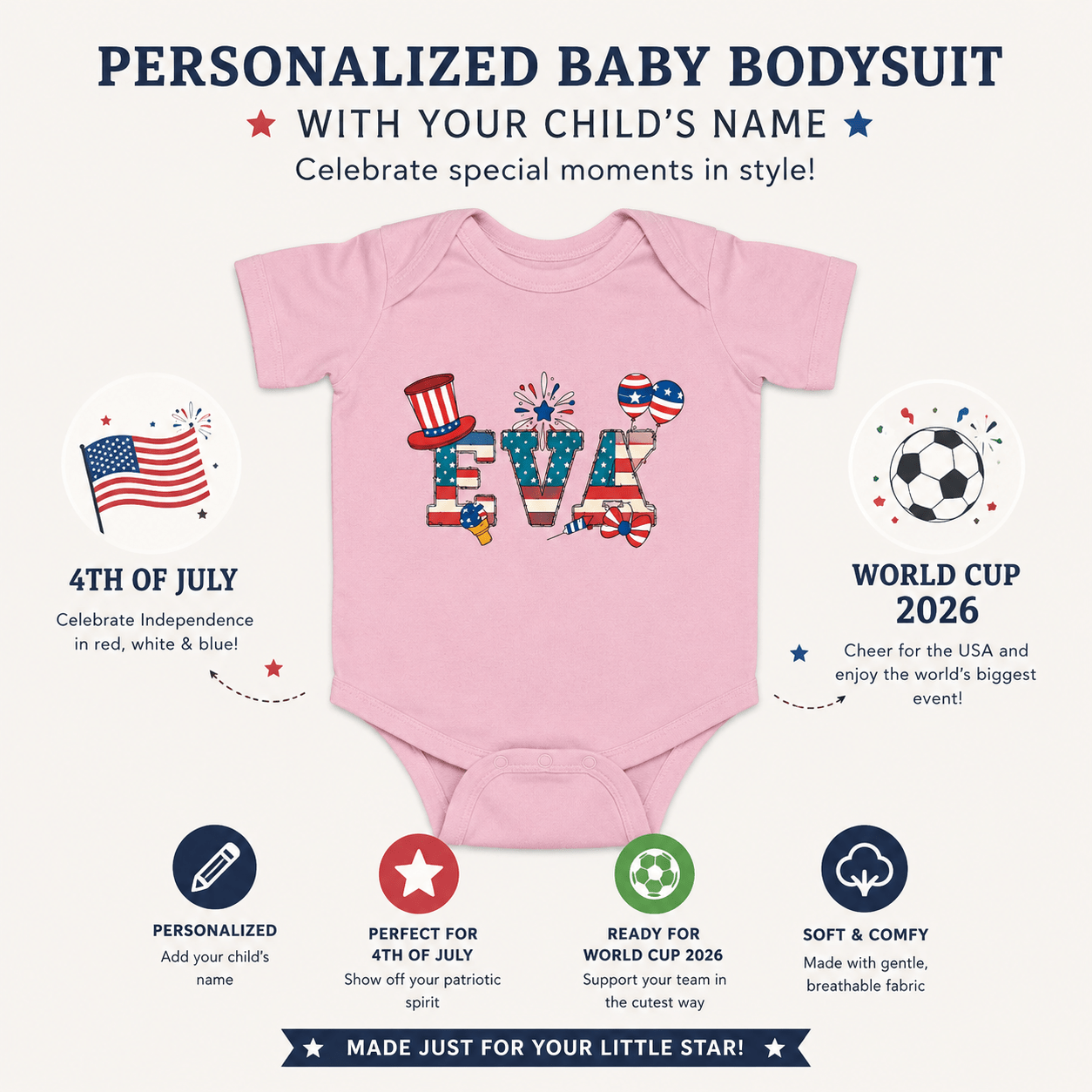 Custom 4th of July Baby Bodysuit | Personalized Name Baby Onesie | Patriotic Infant Outfit | USA Baby Gift 0-24M custom personalized gift - AURIA CUSTOM PRINTS