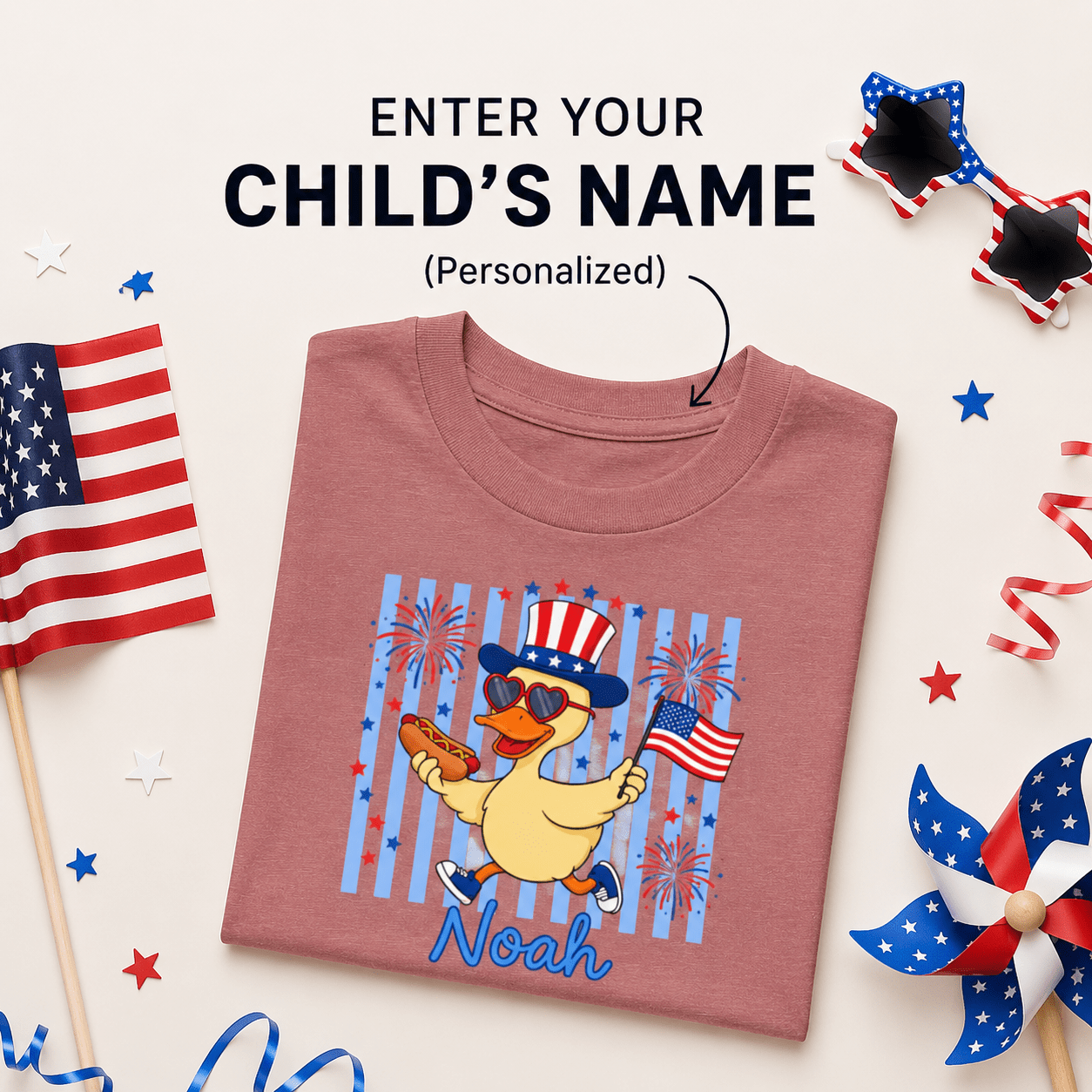 Custom 4th of July Toddler Shirt | Personalized Name Duck Patriotic Tee | Kids Independence Day Gift custom personalized gift - AURIA CUSTOM PRINTS