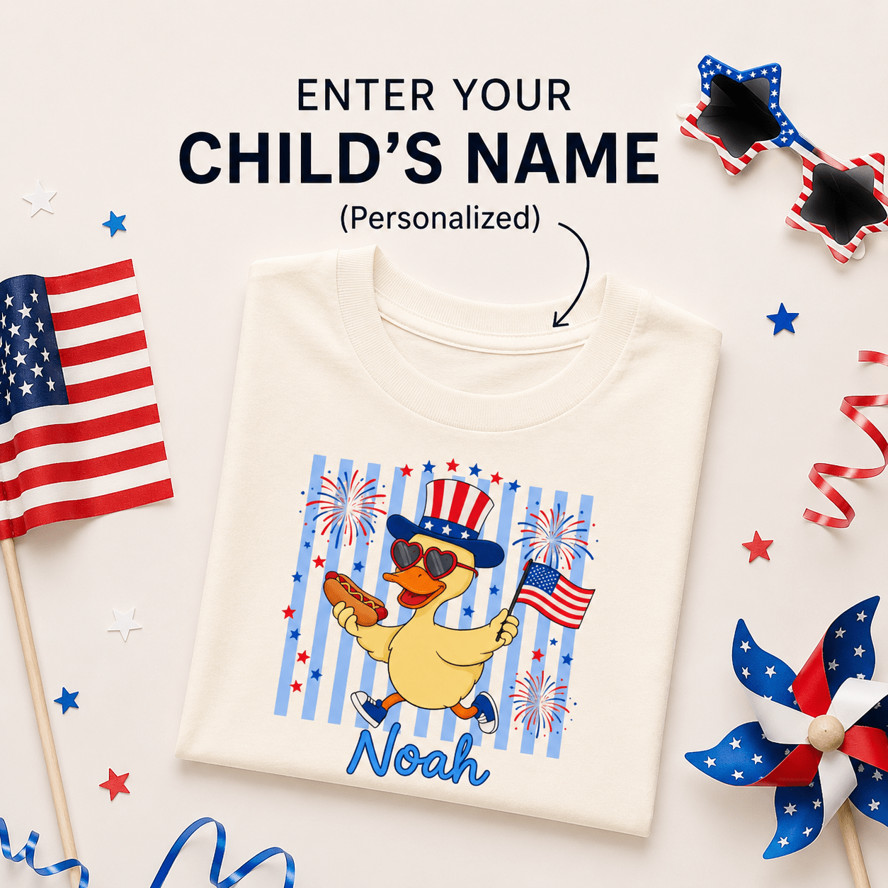 Custom 4th of July Toddler Shirt | Personalized Name Duck Patriotic Tee | Kids Independence Day Gift custom personalized gift - AURIA CUSTOM PRINTS