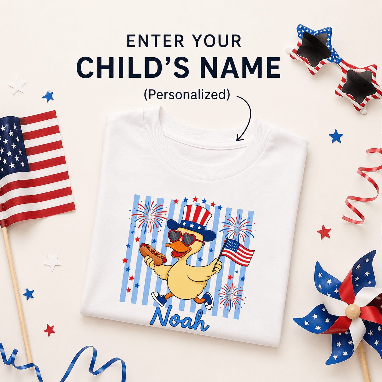 Custom 4th of July Toddler Shirt | Personalized Name Duck Patriotic Tee | Kids Independence Day Gift custom personalized gift - AURIA CUSTOM PRINTS