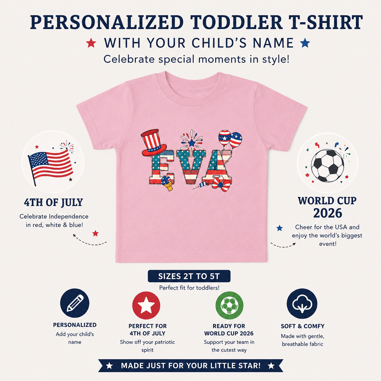Custom 4th of July Toddler Shirt | Personalized Name Kids Tee | Patriotic USA Toddler Gift | AURIA CUSTOM PRINTS custom personalized gift - AURIA CUSTOM PRINTS