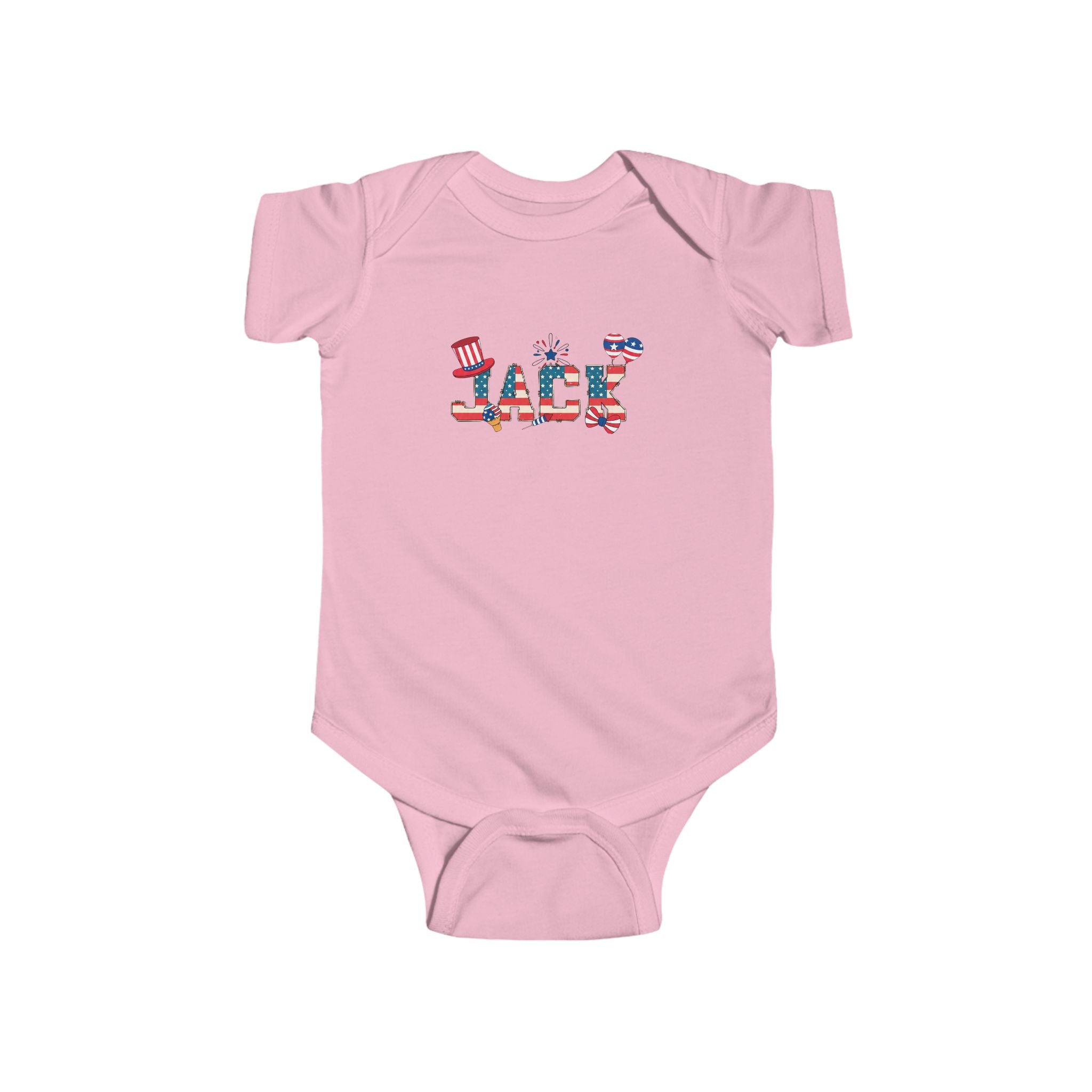 Pink baby onesie with colorful text on a white background
