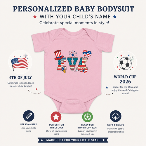Pink baby bodysuit with customizable text on a white background