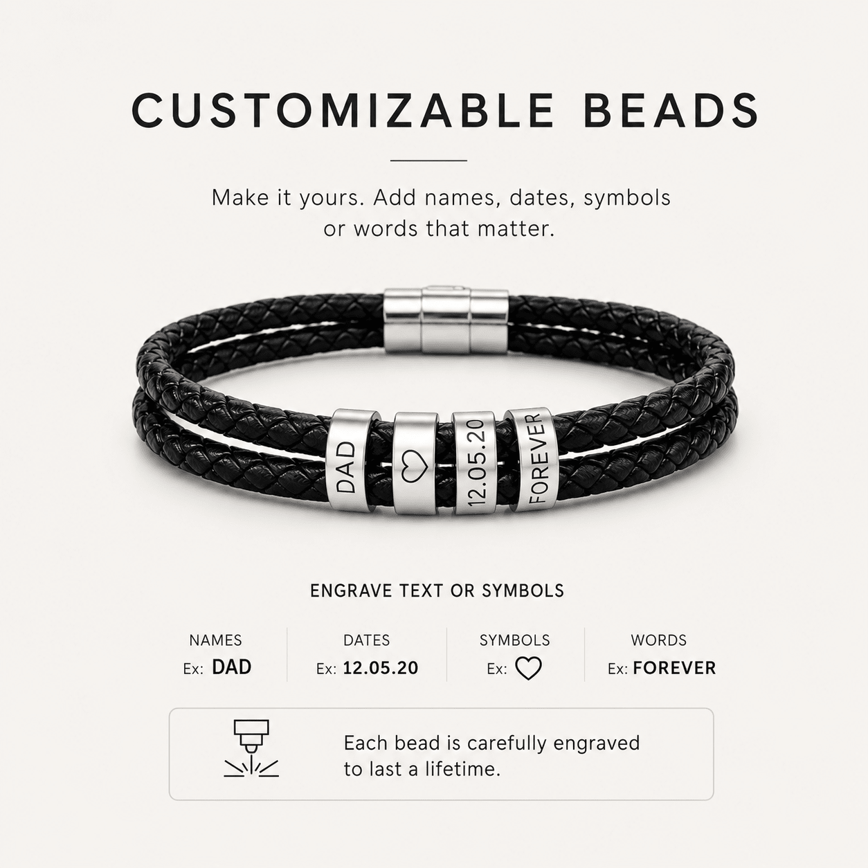 Custom Dad Bracelet with Engraved Beads | Personalized Leather Bracelet for Him custom personalized gift - AURIA CUSTOM PRINTS