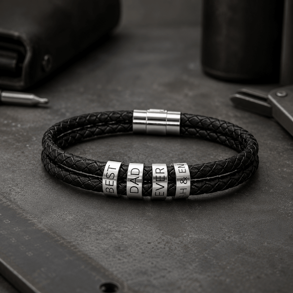 Custom Dad Bracelet with Engraved Beads | Personalized Leather Bracelet for Him custom personalized gift - AURIA CUSTOM PRINTS