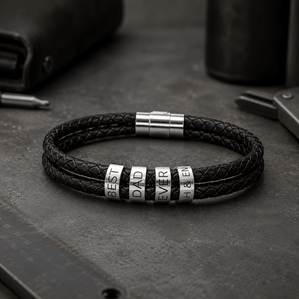 Custom Dad Bracelet with Engraved Beads | Personalized Leather Bracelet for Him custom personalized gift - AURIA CUSTOM PRINTS