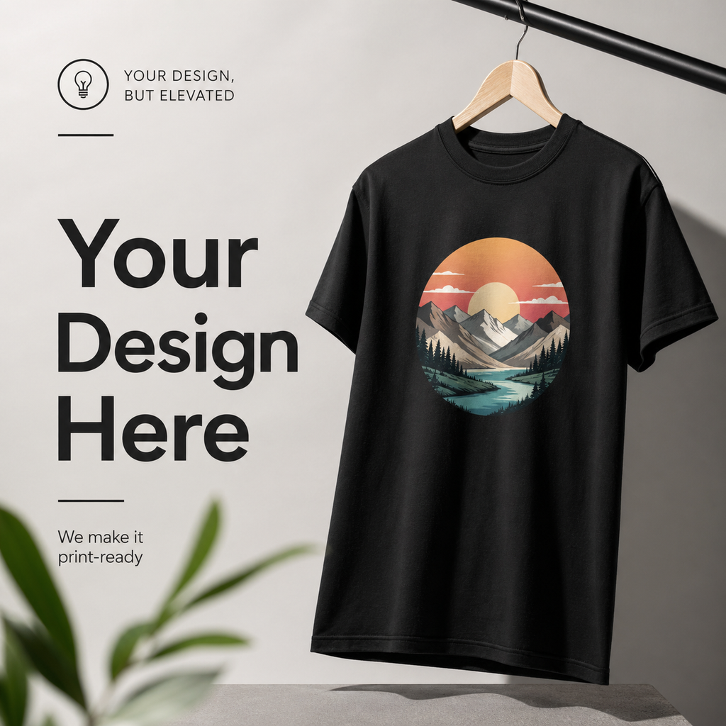 Black t-shirt with a mountain graphic on a hanger against a light gray background