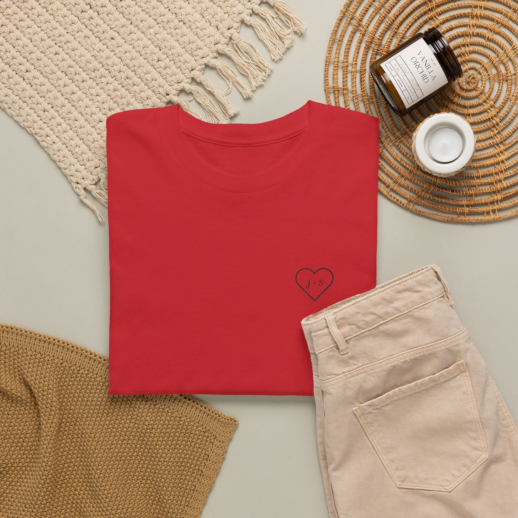 Custom Embroidered Heart T-Shirt — Personalized Text and Sleeve | Gift for Her | Gift for Him | Couple Gift Shirt custom personalized gift - AURIA CUSTOM PRINTS