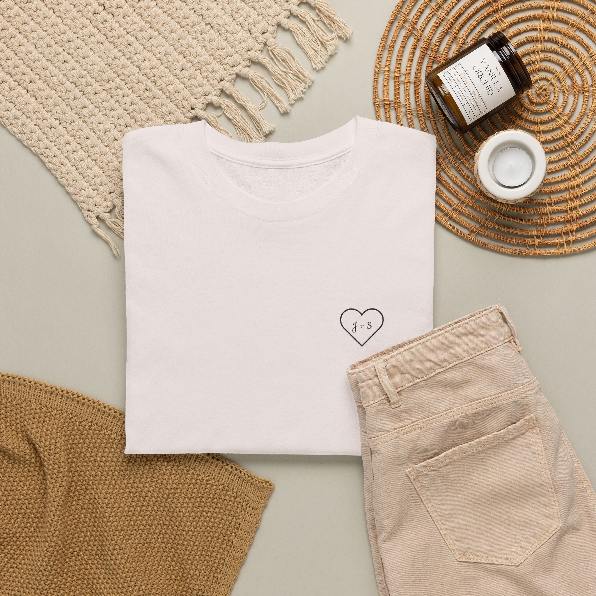 Custom Embroidered Heart T-Shirt — Personalized Text and Sleeve | Gift for Her | Gift for Him | Couple Gift Shirt custom personalized gift - AURIA CUSTOM PRINTS