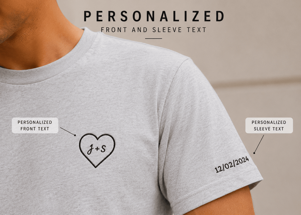 Custom Embroidered Heart T-Shirt — Personalized Text and Sleeve | Gift for Her | Gift for Him | Couple Gift Shirt custom personalized gift - AURIA CUSTOM PRINTS