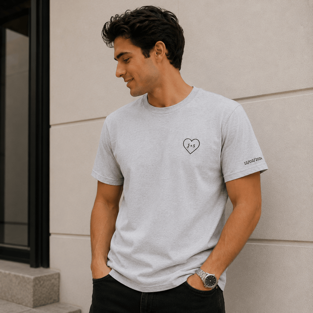 Custom Embroidered Heart T-Shirt — Personalized Text and Sleeve | Gift for Her | Gift for Him | Couple Gift Shirt custom personalized gift - AURIA CUSTOM PRINTS