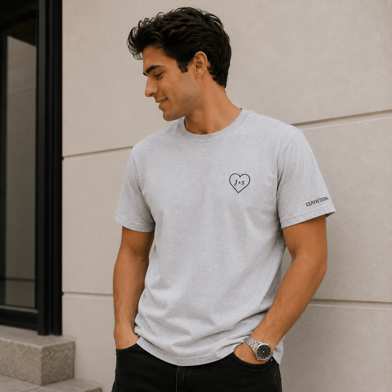 Custom Embroidered Heart T-Shirt — Personalized Text and Sleeve | Gift for Her | Gift for Him | Couple Gift Shirt custom personalized gift - AURIA CUSTOM PRINTS