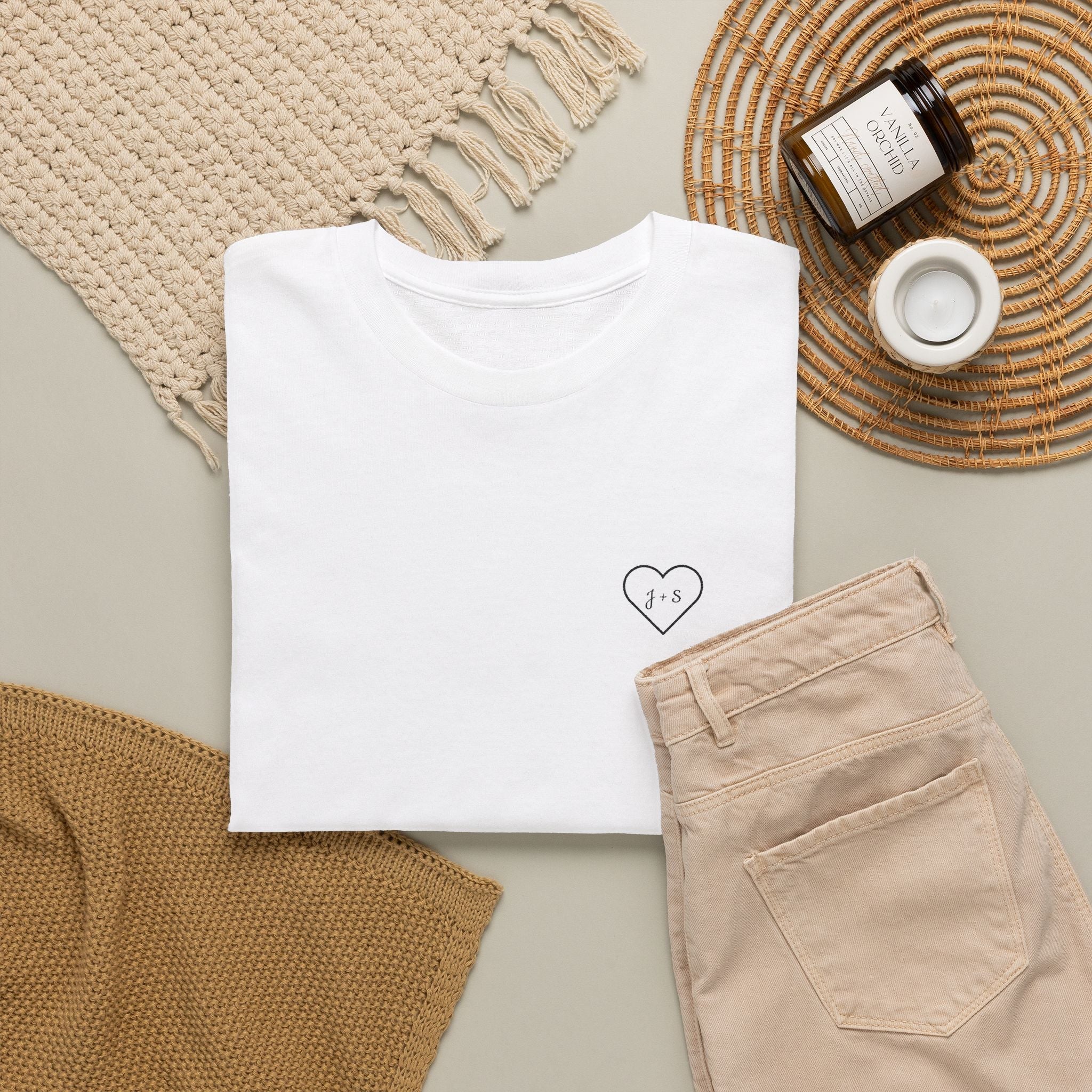 Custom Embroidered Heart T-Shirt — Personalized Text and Sleeve | Gift for Her | Gift for Him | Couple Gift Shirt custom personalized gift - AURIA CUSTOM PRINTS