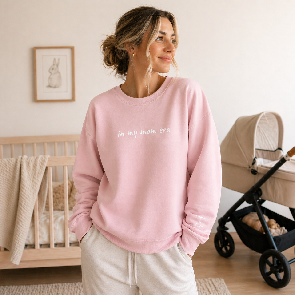 Personalized mom sweatshirt gift with custom kids names on sleeve