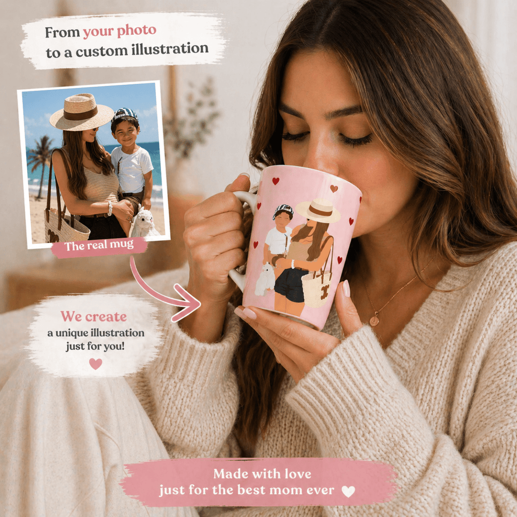 Custom Mom Latte Mug | Personalized Mother & Child Illustration | 12 oz Ceramic Gift Mug custom personalized gift - AURIA CUSTOM PRINTS