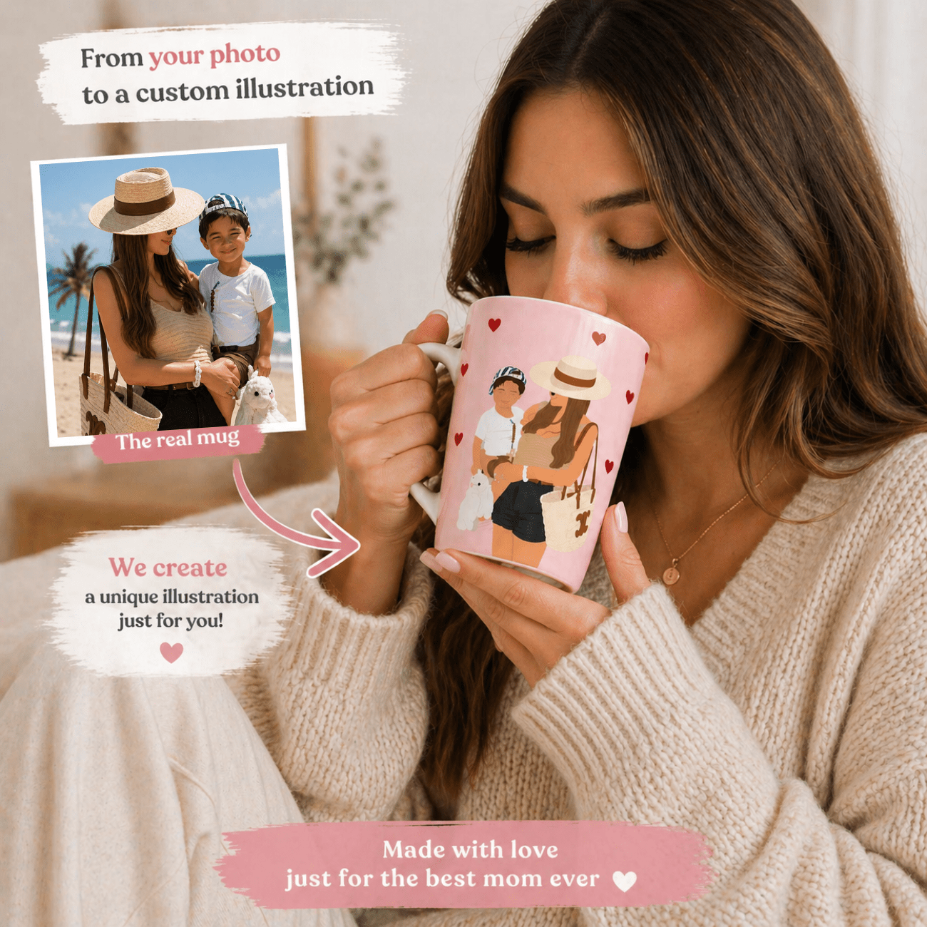 Custom Mom Latte Mug | Personalized Mother & Child Illustration | 12 oz Ceramic Gift Mug custom personalized gift - AURIA CUSTOM PRINTS