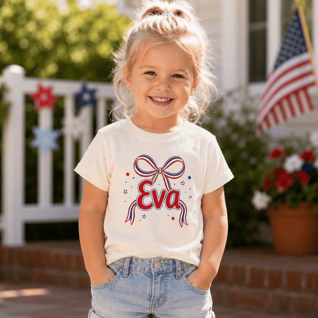 Custom Name 4th of July Toddler Girl Shirt | Personalized Patriotic Bow Tee for Girls, Sizes 2T–5T custom personalized gift - AURIA CUSTOM PRINTS