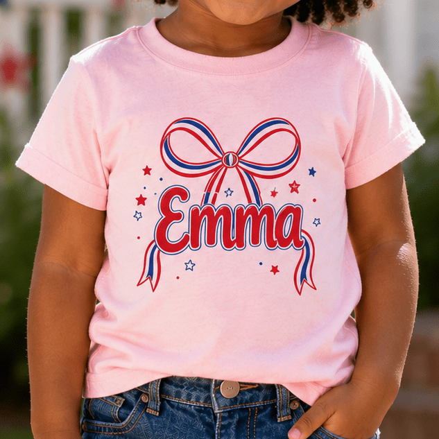 Custom Name 4th of July Toddler Girl Shirt | Personalized Patriotic Bow Tee for Girls, Sizes 2T–5T custom personalized gift - AURIA CUSTOM PRINTS