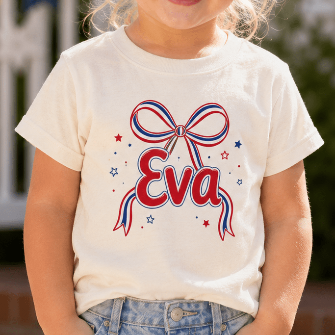 Custom Name 4th of July Toddler Girl Shirt | Personalized Patriotic Bow Tee for Girls, Sizes 2T–5T custom personalized gift - AURIA CUSTOM PRINTS